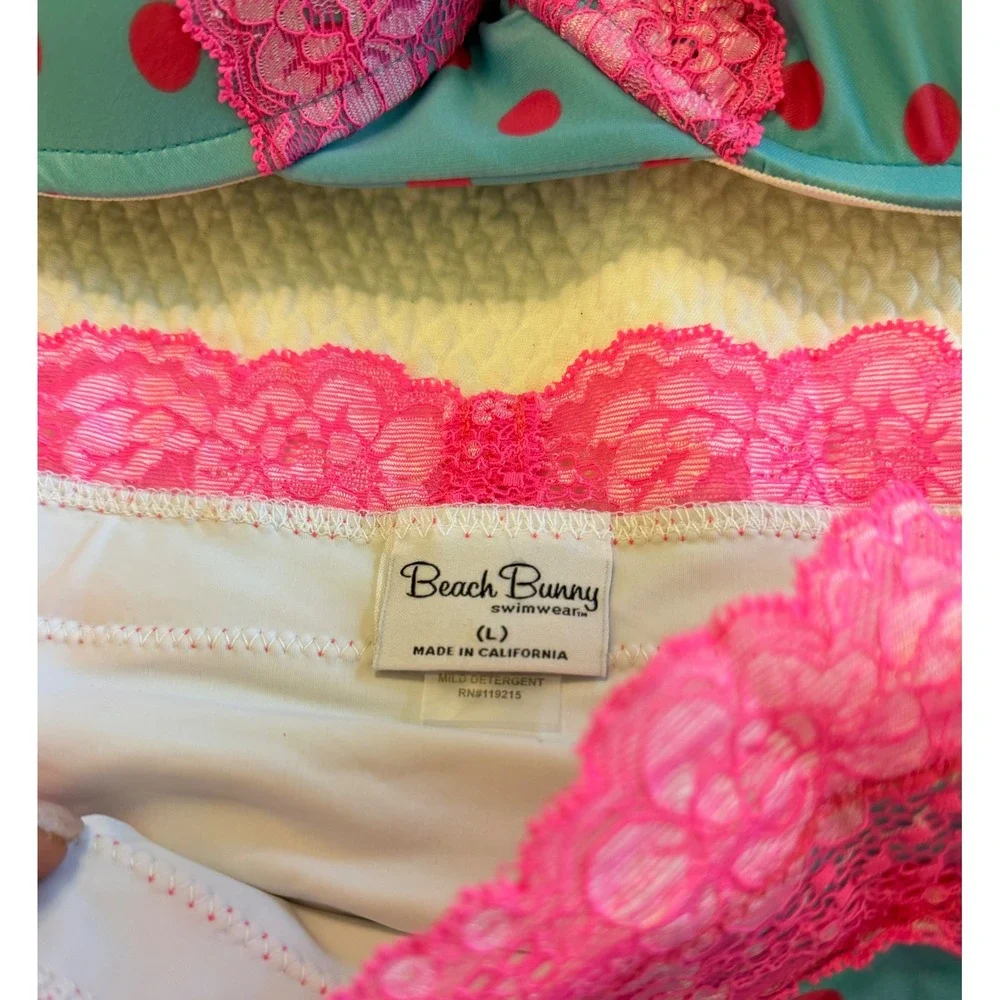 Rare Beach Bunny Polka Dot Lace Bikini Set Teal Pink Halter Top XL Bottom L